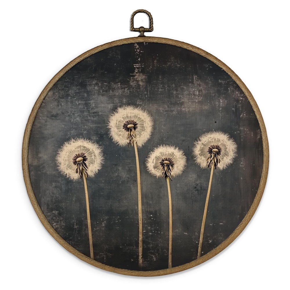 Vintage Dandelion Floral Framed Wall Art Decor, Rustic Cottagecore Round Wall…