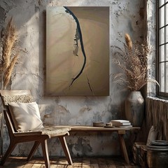 Wall Art Minimalist Abstract Canvasbold Black Wavy Line On Brown Background