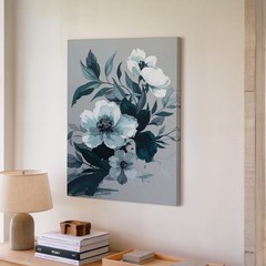 Modern Floral Watercolor Canvas Soft White Flowers & Teal Leaves Capture The