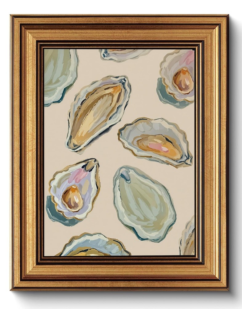 Gold Framed Coastal Oyster Shell Canvas Wall Art for Kitchen/Dining 8x10in