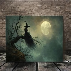 Witch On Dead Tree Full Moon Framed Canvas, Dark Gothic Halloween Spooky Wall