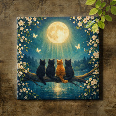 Moonlight Cats Blossom Branch Full Moon Fantasy Canvas Wall Art