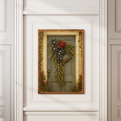 Rustic 4th of July Poster Patriotic Wreath Blue Door Country Home Wall Art Print
