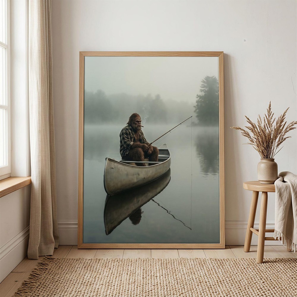 Bigfoot Fishing Lake Wall Art, Sasquatch Canoe Poster, Rustic Cabin Fishing