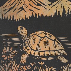 Vintage TURTLE MOON FLOWER Wall Art, Tortoise Mountain Botanical Celestial Decor
