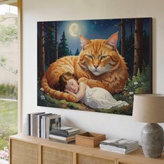 Moonlit Guardianship Canvas Giant Ginger Cat Protecting Sleeping Woman In The