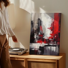 Wall Art Abstract Cityscape Canvas Dynamic Fragmented Skyline In Red & Black