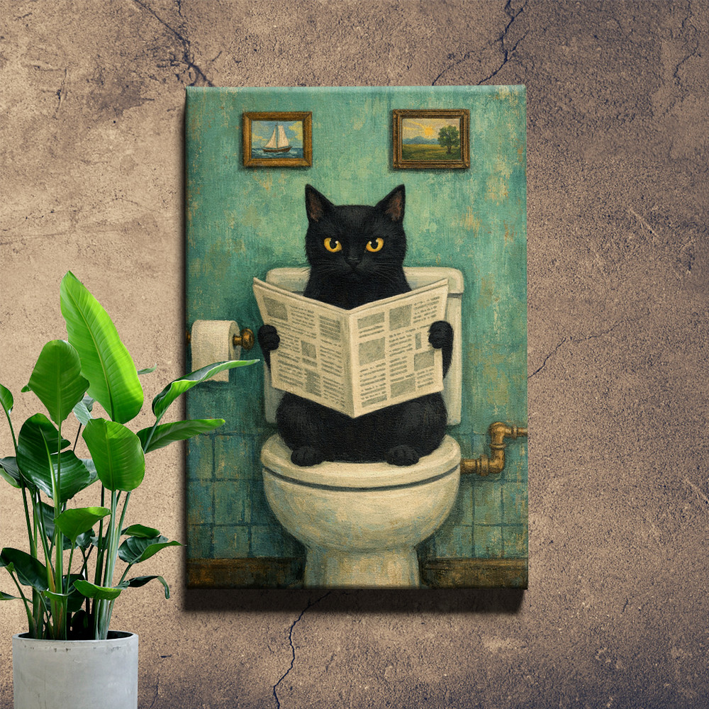 Black Cat Reading Newspaper Bathroom Art Framed Wall Art 12x18inch