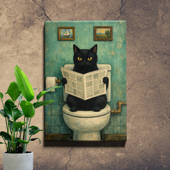 Black Cat Reading Newspaper Bathroom Art Framed Wall Art 12x18inch