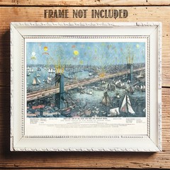 Brooklyn Bridge 1883 Fireworks Opening Night Bird’s Eye View Vintage Print