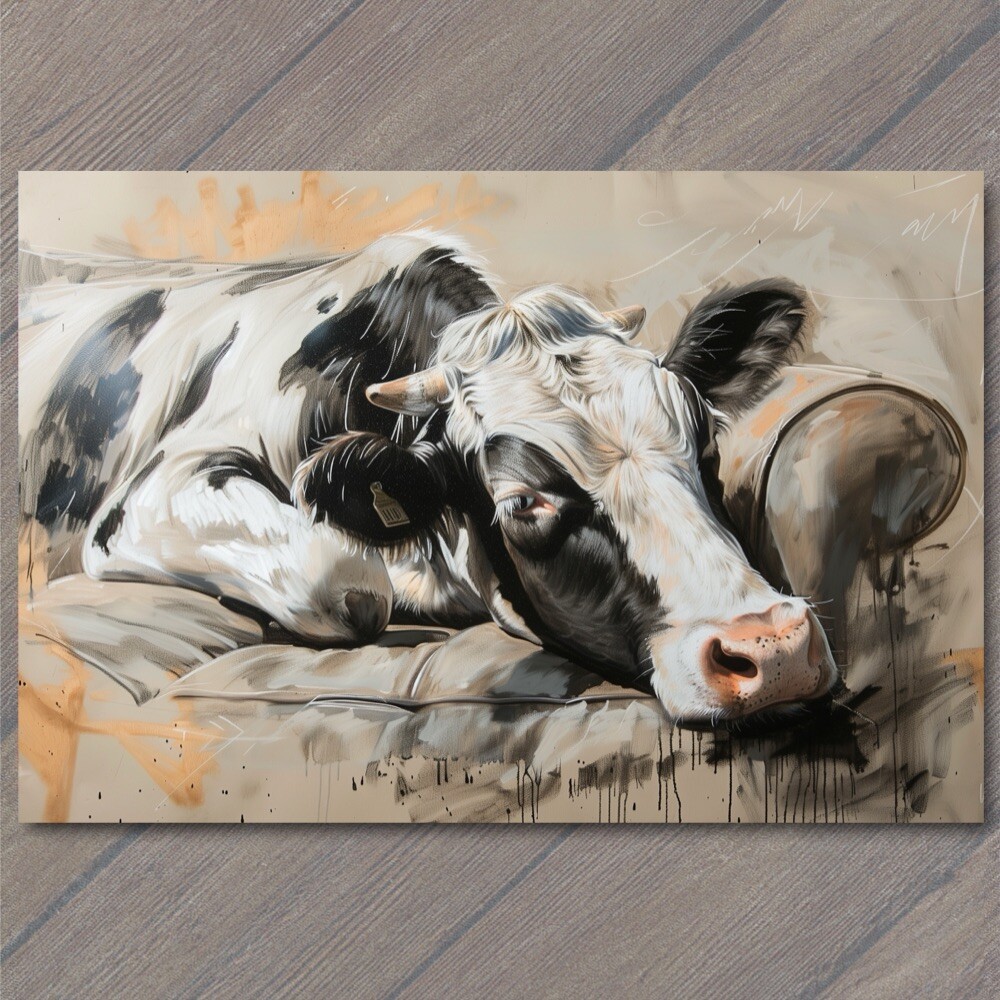 Art Print Cow On Couch Sofa Chair Calf Cute Fun Painting Unusual Country Farm
