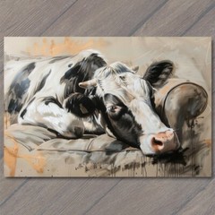 Art Print Cow On Couch Sofa Chair Calf Cute Fun Painting Unusual Country Farm