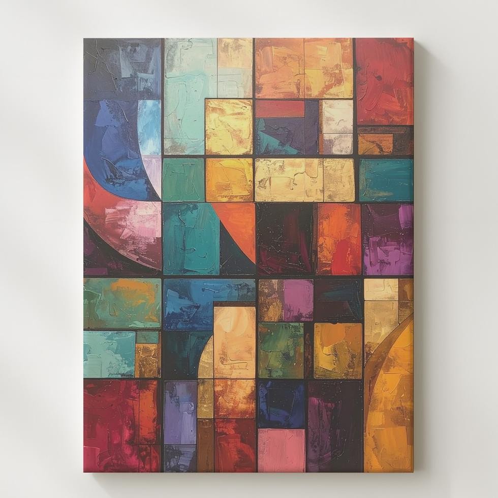Vibrant Geometric Canvasjewel Toned Abstract Art With Curves And Rectangles Wall