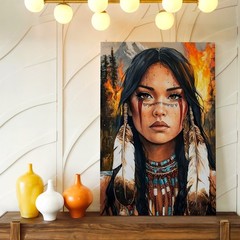 Wall Art Native American Woman Portrait Canvas Print Tribal Fire Home Decor