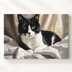 Tuxedo Cat In Bed Canvas Cozy Realistic Feline Rest Art Stillness Speaks Wall