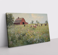 Red Barn Cattle Field Farm Cows Painting Print, Framed Canvas Wall Art Farmhouse
