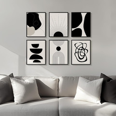Set of 6 Framed Boho Black & White Abstract Canvas Prints for Home Decor