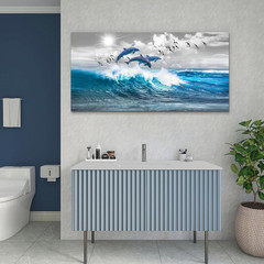 Large Blue Wave Canvas Art – Framed Dolphin Wall Decor for Living Room & Office