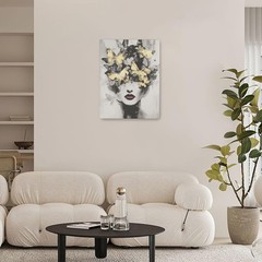 Gold Butterfly Woman Wall Art Black White Female Decor Modern Grey Print