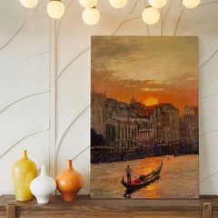Sunset Venice Canal Landscape With Gondola And Cityscape Canvas Wall Art Print