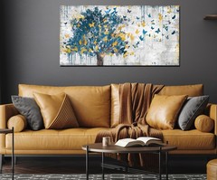 Large Canvas Wall Art Blue Tree Golden Butterflies Picture Abstract Grey Graf…
