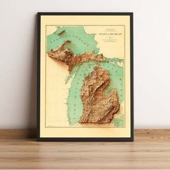 Michigan Map, Michigan 2D Relief Map, Michigan Vintage Map – 2D Flat Print