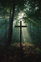 Christian Cross Forest Light Rays 4×6 Photo Print Religious Wall Art Decor