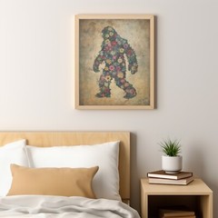 Vintage Sasquatch Flowers Wall Art, Bigfoot Floral Poster, Botanical Yeti Decor