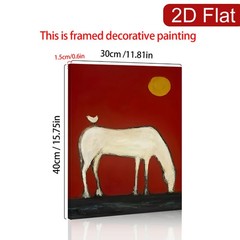 White Horse with Red Background and Bird Canvas Wall Art, Abstract Folk Decor