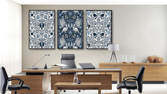 Navy Blue William Morris Style Canvas Art Set – 3 Piece Framed Decor 24″x36