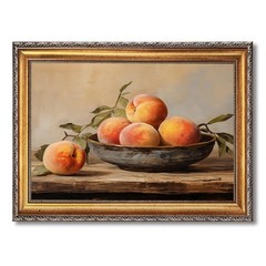 Vintage Peach Wall Art Antique Peaches in Rustic Bowl Oil Painging Poster Ret…
