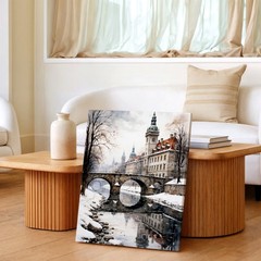Wall Art Winter European Cityscape Canvas Print Snowy Bridge River Reflection