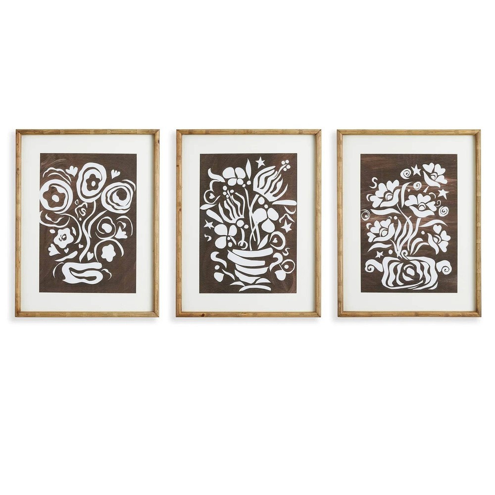Vintage Botanical Cutout Wall Art Trio – Framed Floral Prints
