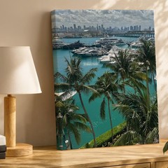 Miami Skyline And Marina Canvas Wall Art With Tropical Palm Trees Print Home