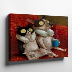 Cute Cat and Dog Spa Day Canvas Wall Art Relaxing Pets Animal Decor Print