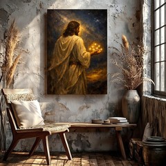 Canvas Spiritual Figure Holding Glowing Stars Religious Living Bedroom Print