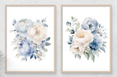 Floral Wall Art Prints, Set of 2 Blue Floral Wall Art Prints, Home Decor #101