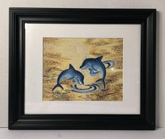 Cute Needlepoint Framed Art – Dolphins Jumping Water Sun 17×14