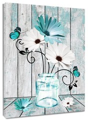 Teal Floral Wall Art for Living Room Blue and White Daisy Flower with Butterf…