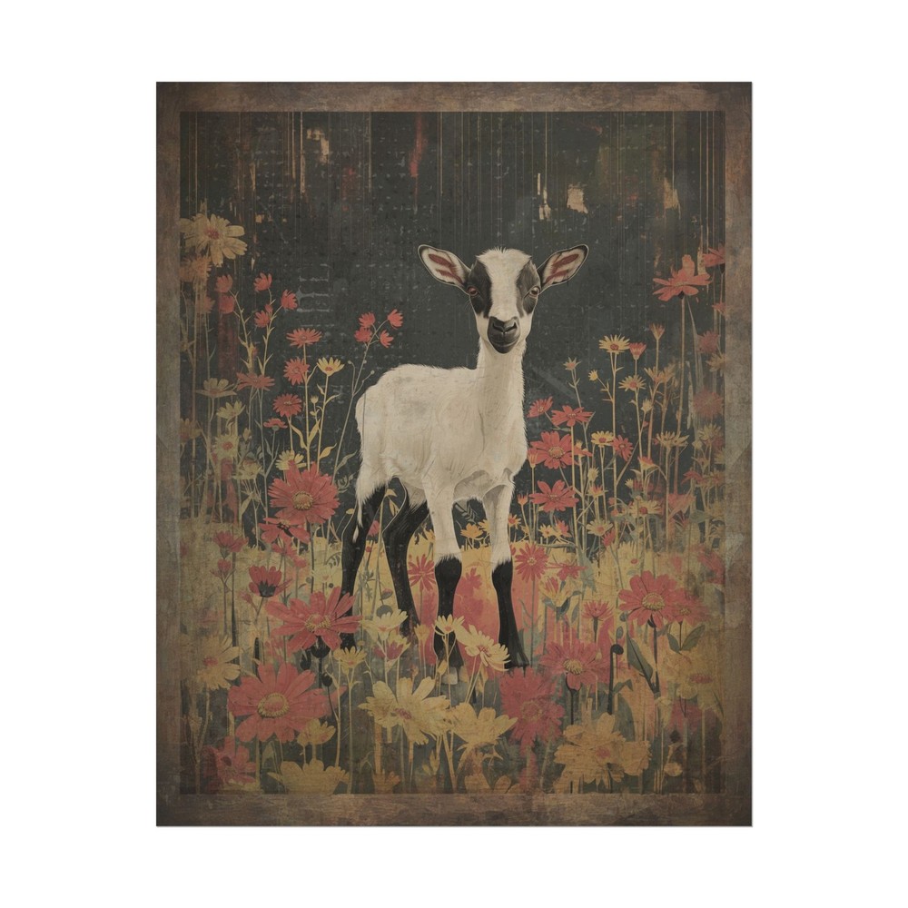 Vintage GOAT BOTANICAL Wall Art, Farm Animal Floral Decor, Nature Flower Poster