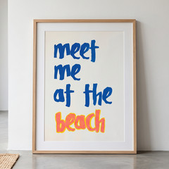 Meet Me At The Beach Poster Pink Blue Typography Summer Coastal Wall Art Decor