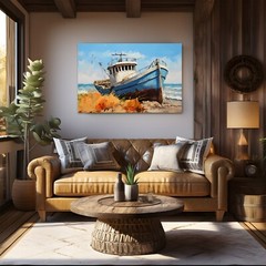 Old Fishing Boat Coastal Painting Print on Framed Canvas, Nautical Coastal Decor
