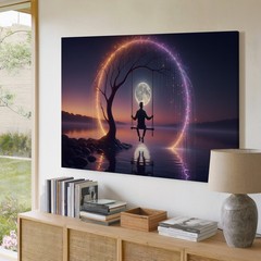 Surreal Moonlight Swing Canvas Wall Art Mystical Tree and Water Reflection Print