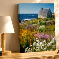 Wall Art Coastal Cottage Ocean View Wildflower Meadow Landscape Print Decor