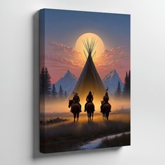 Native American Warrior Horses Canvas Wall Art Sunset Teepee Mountain Print