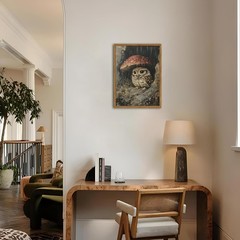 Framed Vintage Owl Canvas Wall Art, Cute Bird Mushroom Pictures Wall Decor, C…