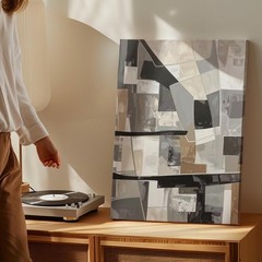 Muted Geometric Canvasabstract Patchwork In Gray, Beige, And Taupe Wall Art