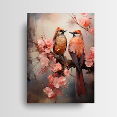 16×20 Birds on Pink Blossom Branch Canvas Print Wall Art, Nursery Wall Art