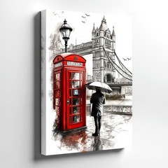 Wall Art London Tower Bridge Red Telephone Booth Rainy Cityscape Print Decor