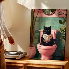 Wall Art Black Cat on Pink Toilet Reading Newspaper Tropical Bathroom Print
